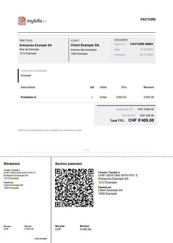 Aperçu d'une facture QR MyBills